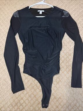 Bar III Black Long Sleeve Sheer-Panel Ruched Bodysuit
